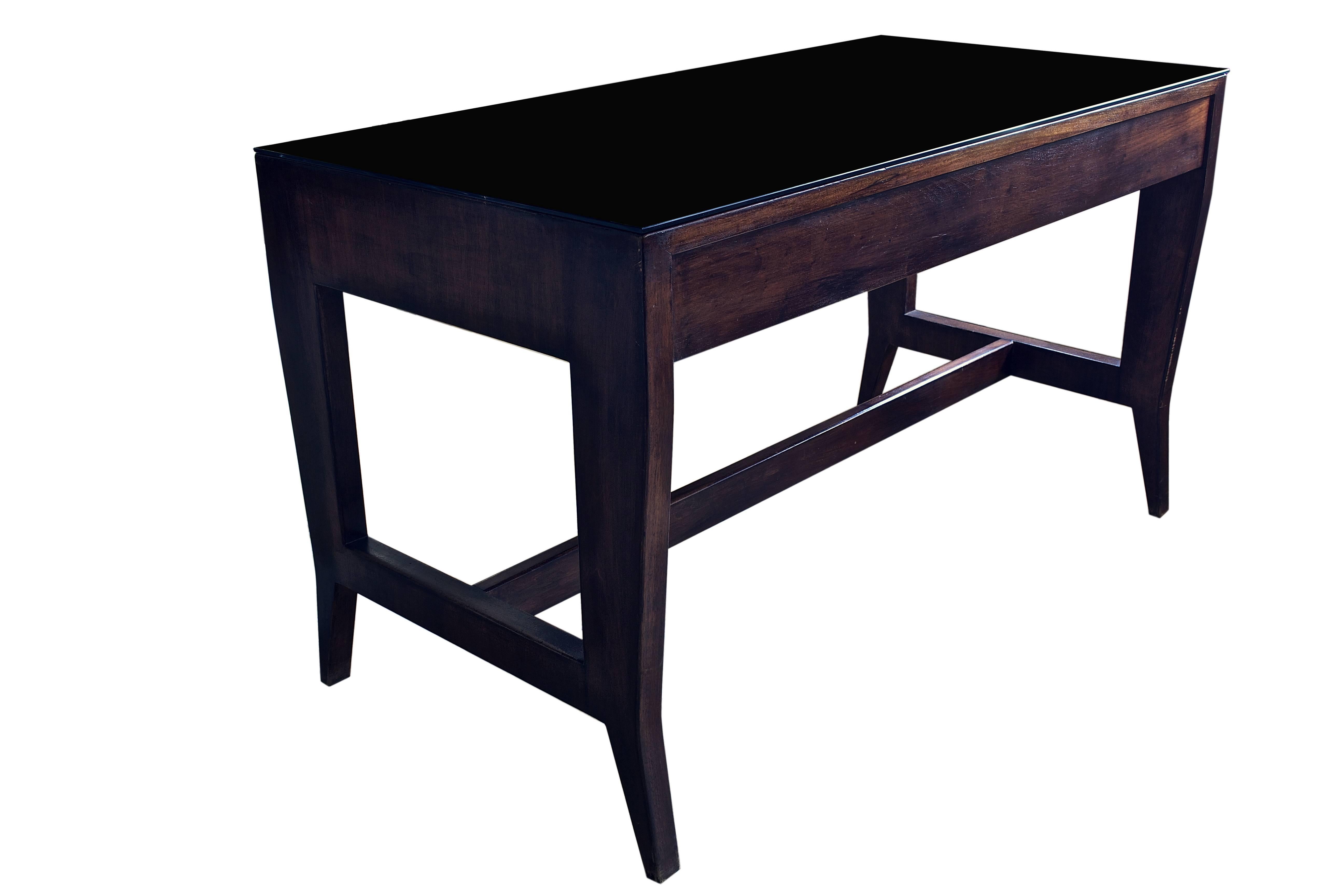 Italian Gio Ponti Wooden Desk in Black Opaline Glass by Gio Ponti For Sale