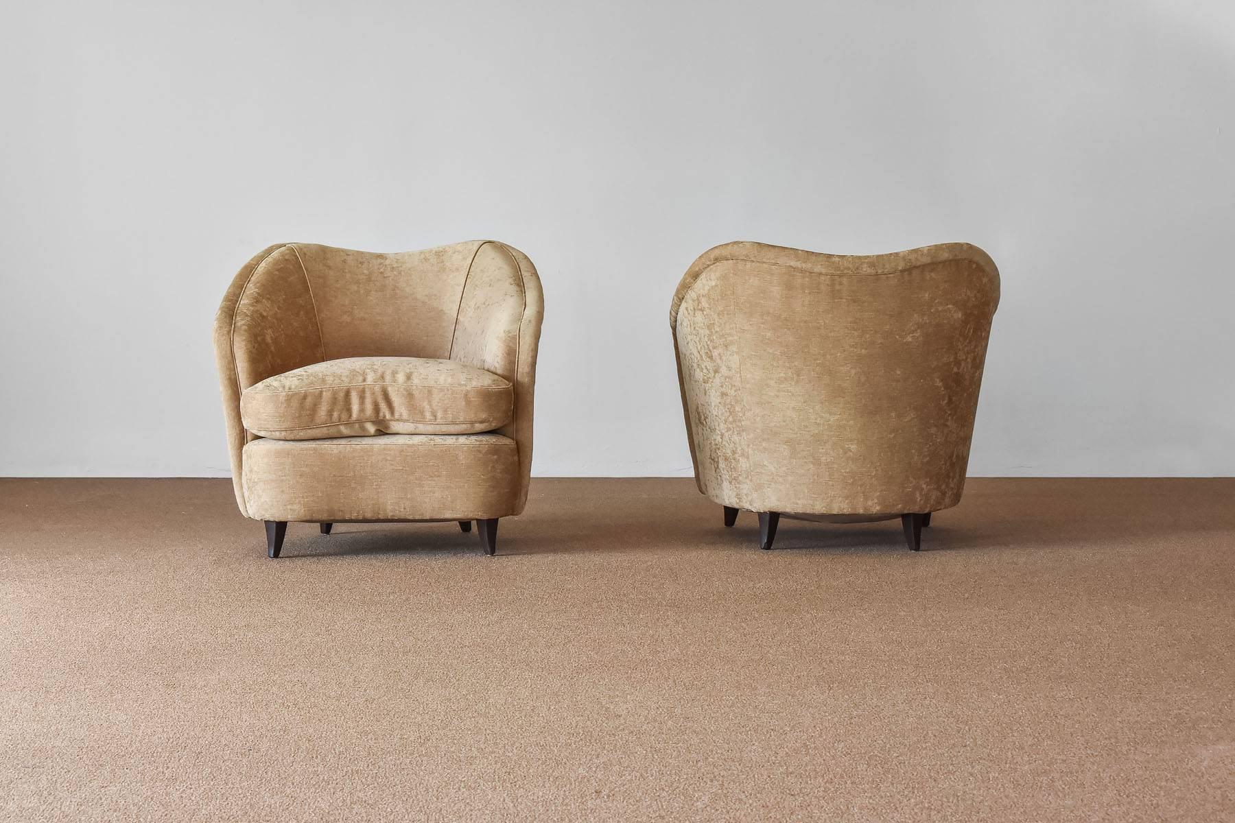 Italian Gio Ponti, Lounge / Armchairs, Beige Velvet, Dark Beech Legs, Italy, 1940s