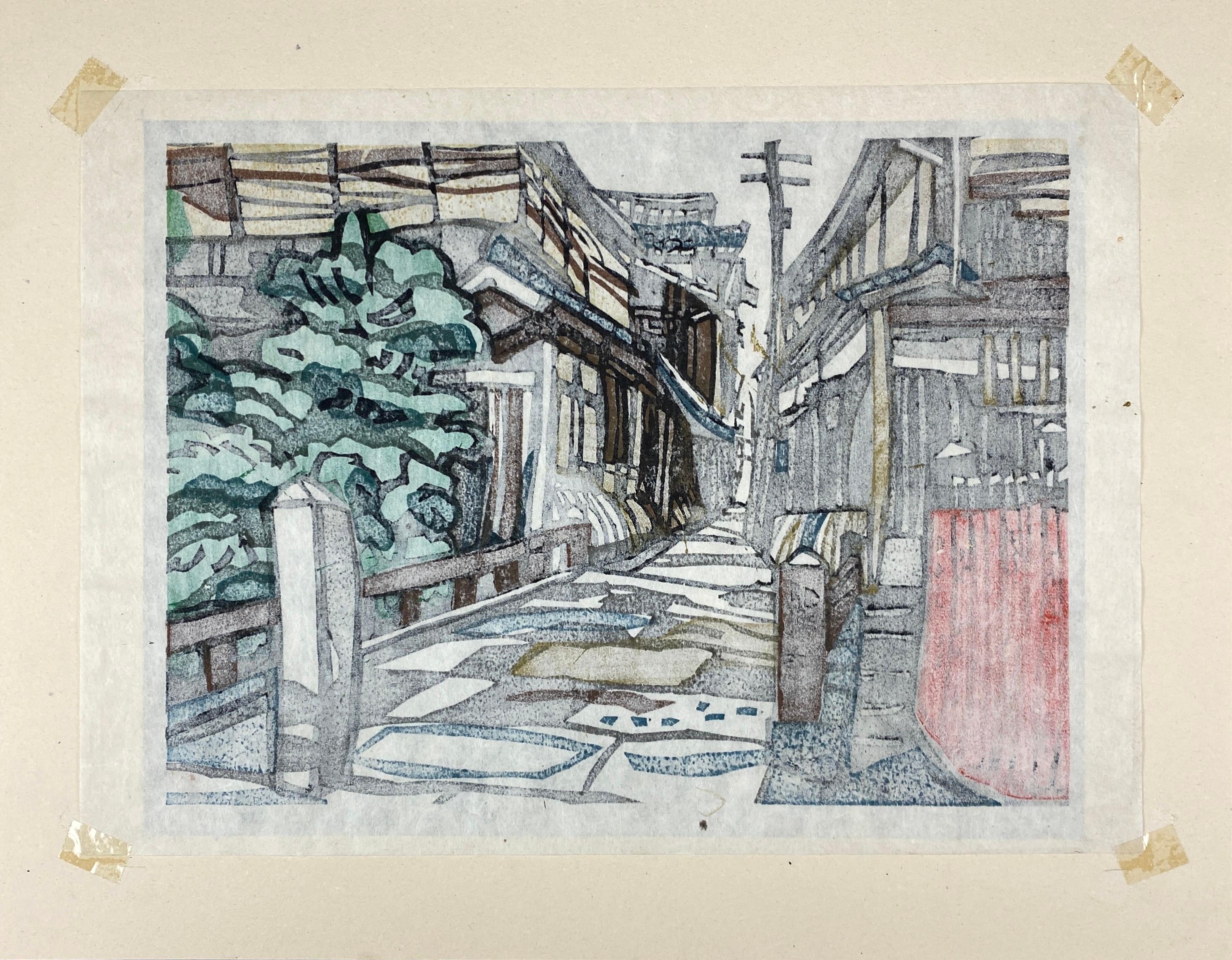 Japan, Showa-Ära (um 1960)

Abmessungen: 17 x 12 Zoll (43,2 x 30,5 cm)

Auflage: 32/100 - Vom Künstler mit Bleistift handsigniert und nummeriert

Tauchen Sie ein in die poetische Schönheit des alten Kyoto mit diesem exquisiten Farbholzschnitt Gio