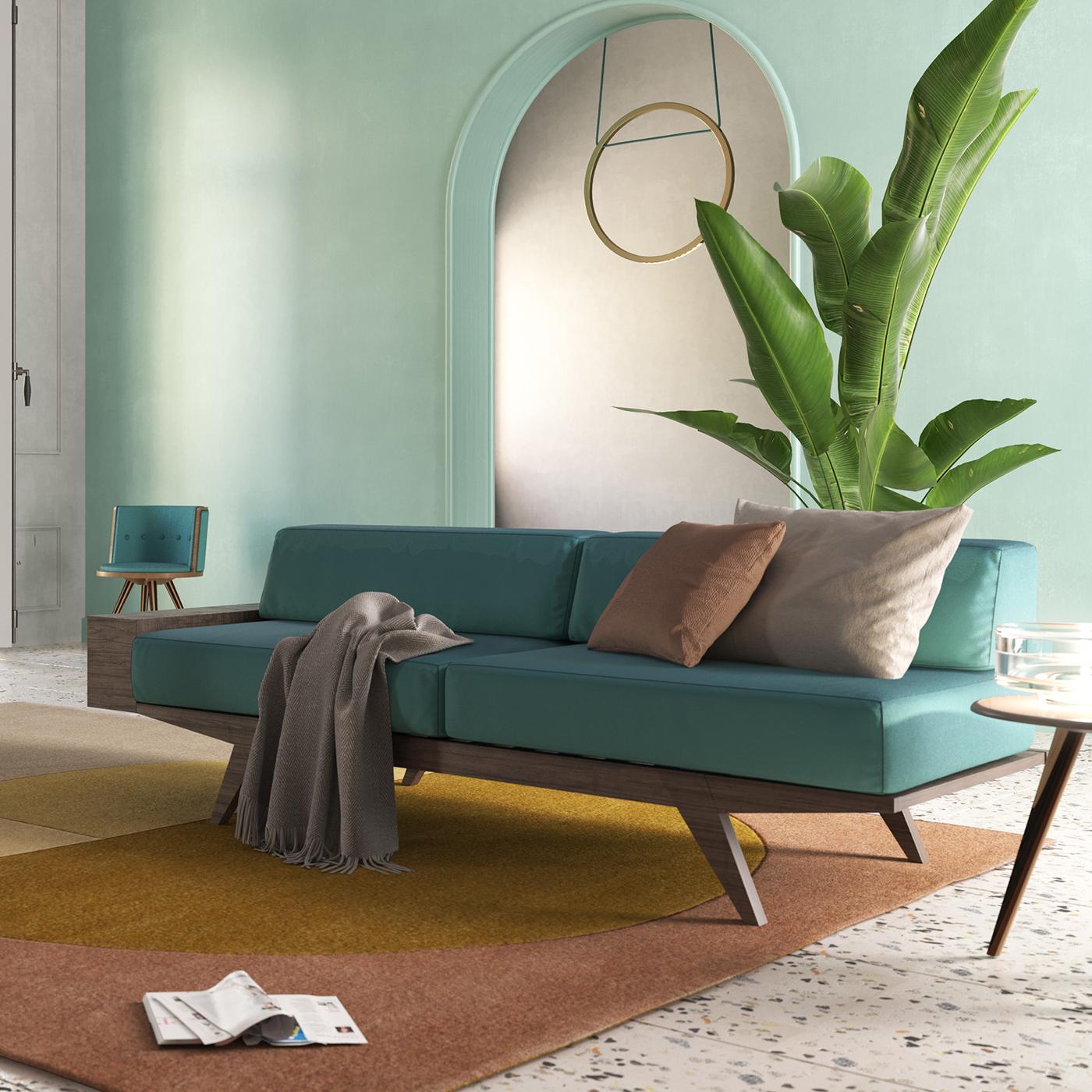 The Giò collection has been designed by the company’s internal Research Center. Giò is a collection, in which design and functionality meet. The sofa bed has a maple on cherrywood frame and armrest with two storage compartment. Cushions are