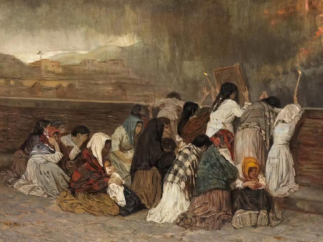 XIX secolo di Gioacchino Toma La pioggia di cenere del Vesuvio Olio su tela in vendita 5