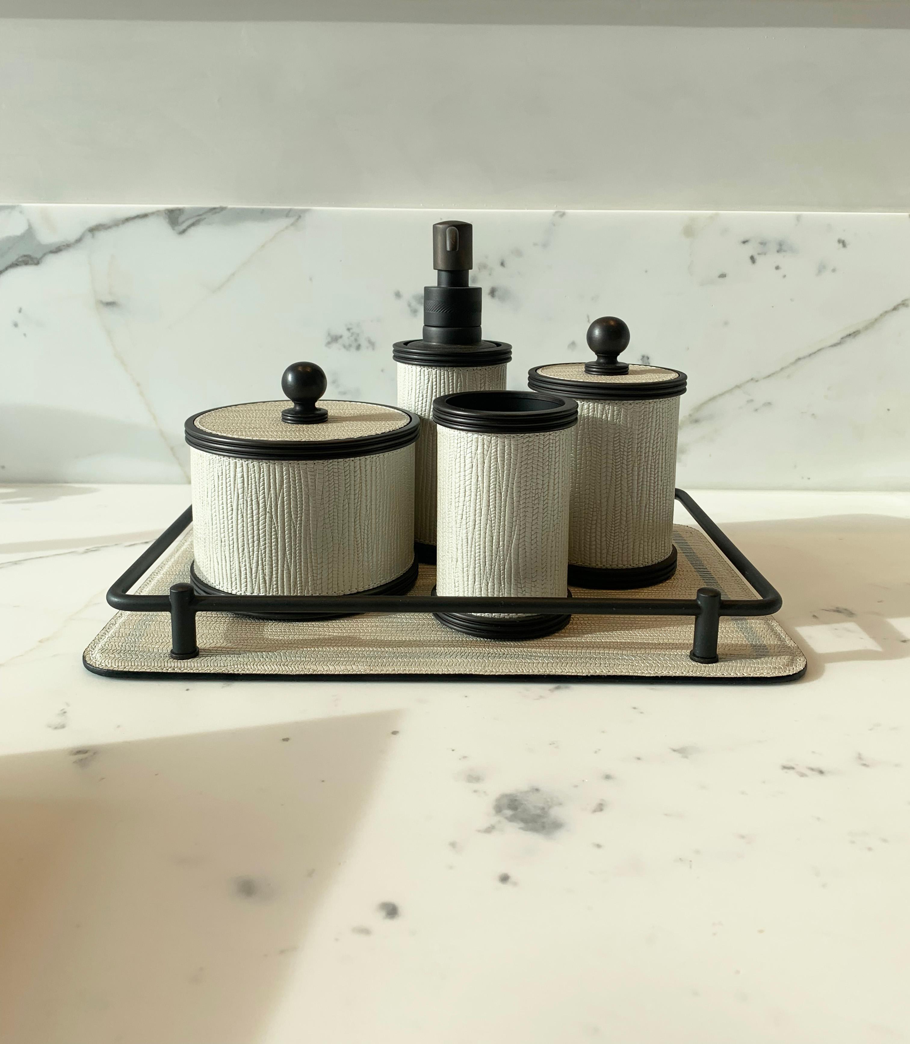 Hand-Crafted Giobagnara Contemporary Amalfi Leather and Dark Bronze Bathroom Vanity Set