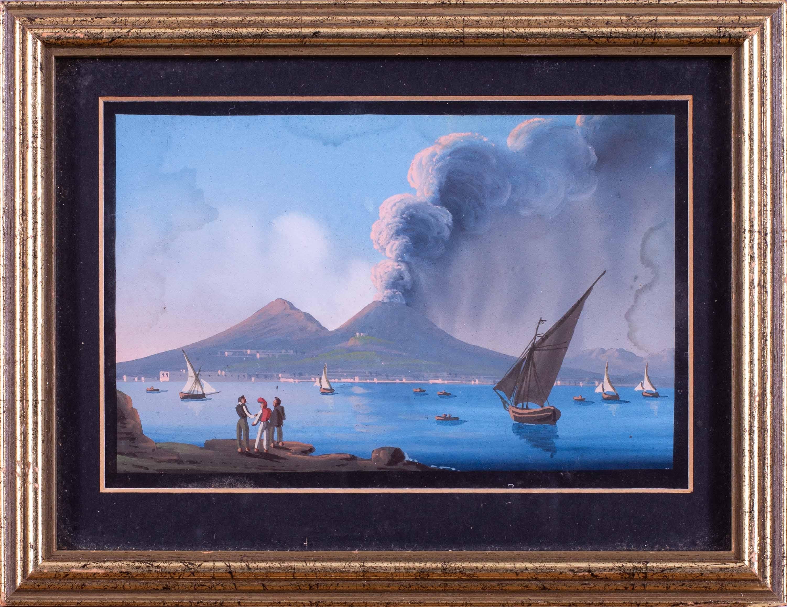 Pair of small 19th Century Italian paintings of Vesuvius erupting in Naples - Painting by Giocacchino L Pira