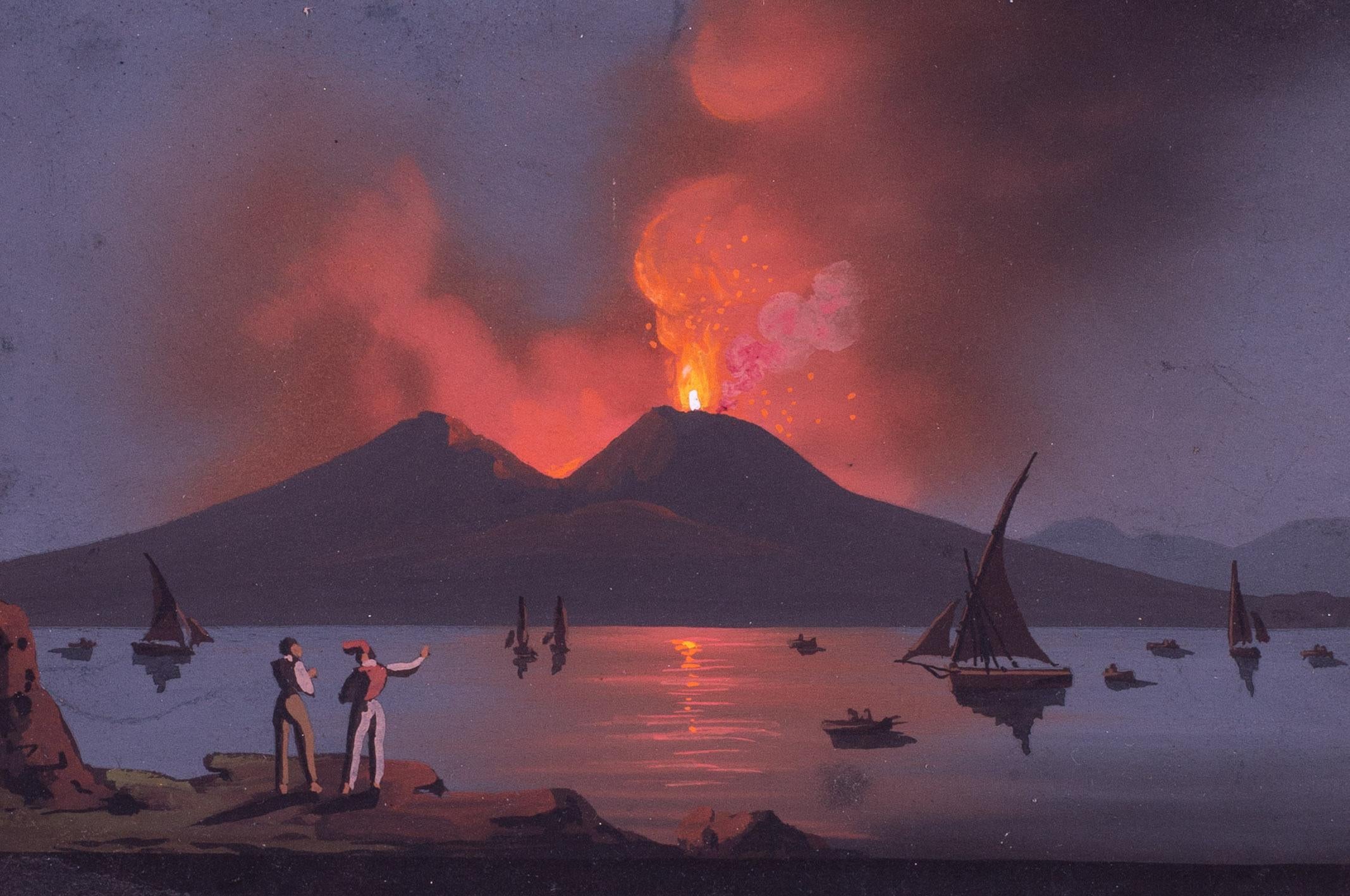 Pair of small 19th Century Italian paintings of Vesuvius erupting in Naples - Academic Painting by Giocacchino L Pira