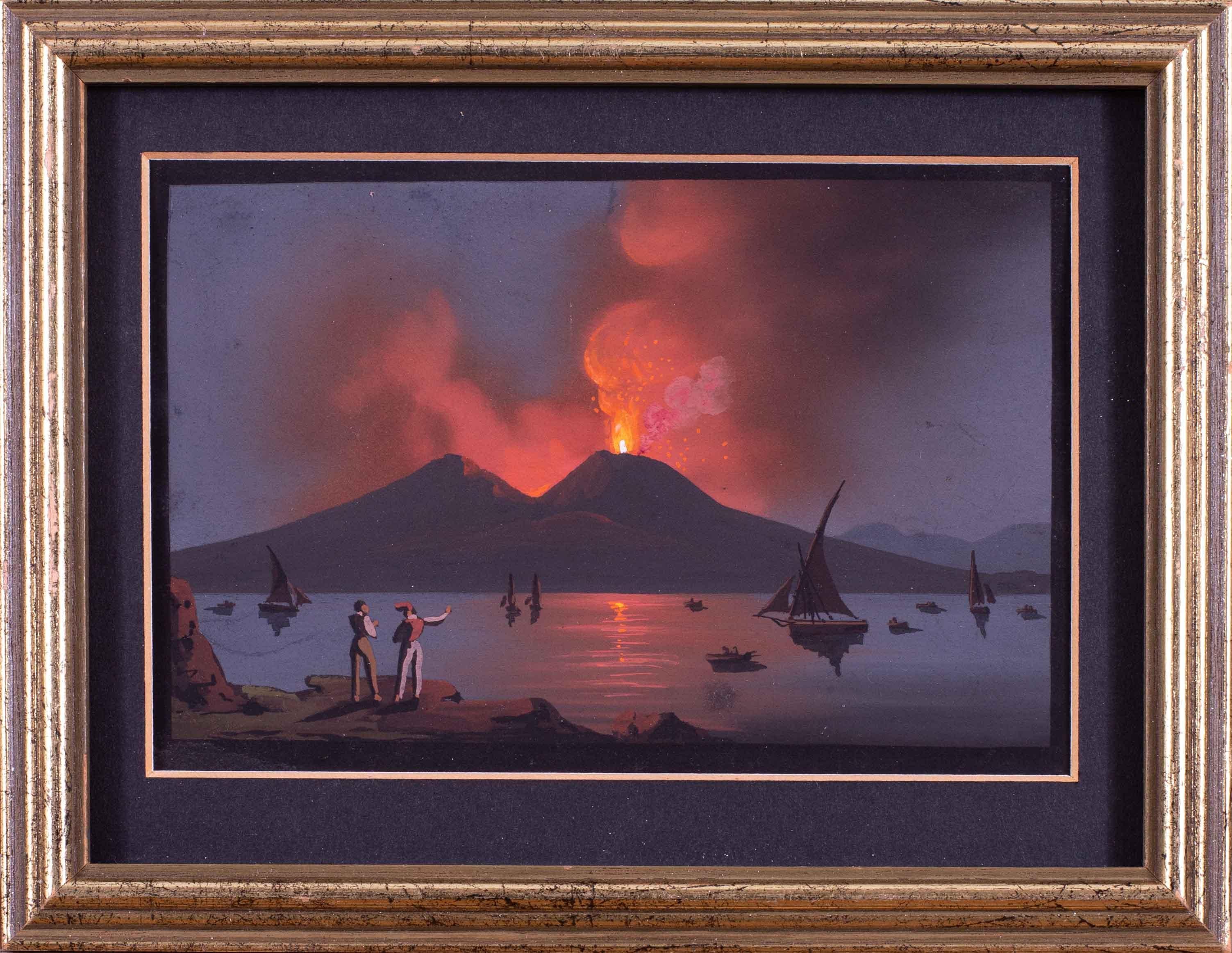 Giocacchino L Pira Landscape Painting - Pair of small 19th Century Italian paintings of Vesuvius erupting in Naples