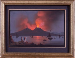 Pair of small 19th Century Italian paintings of Vesuvius erupting in Naples