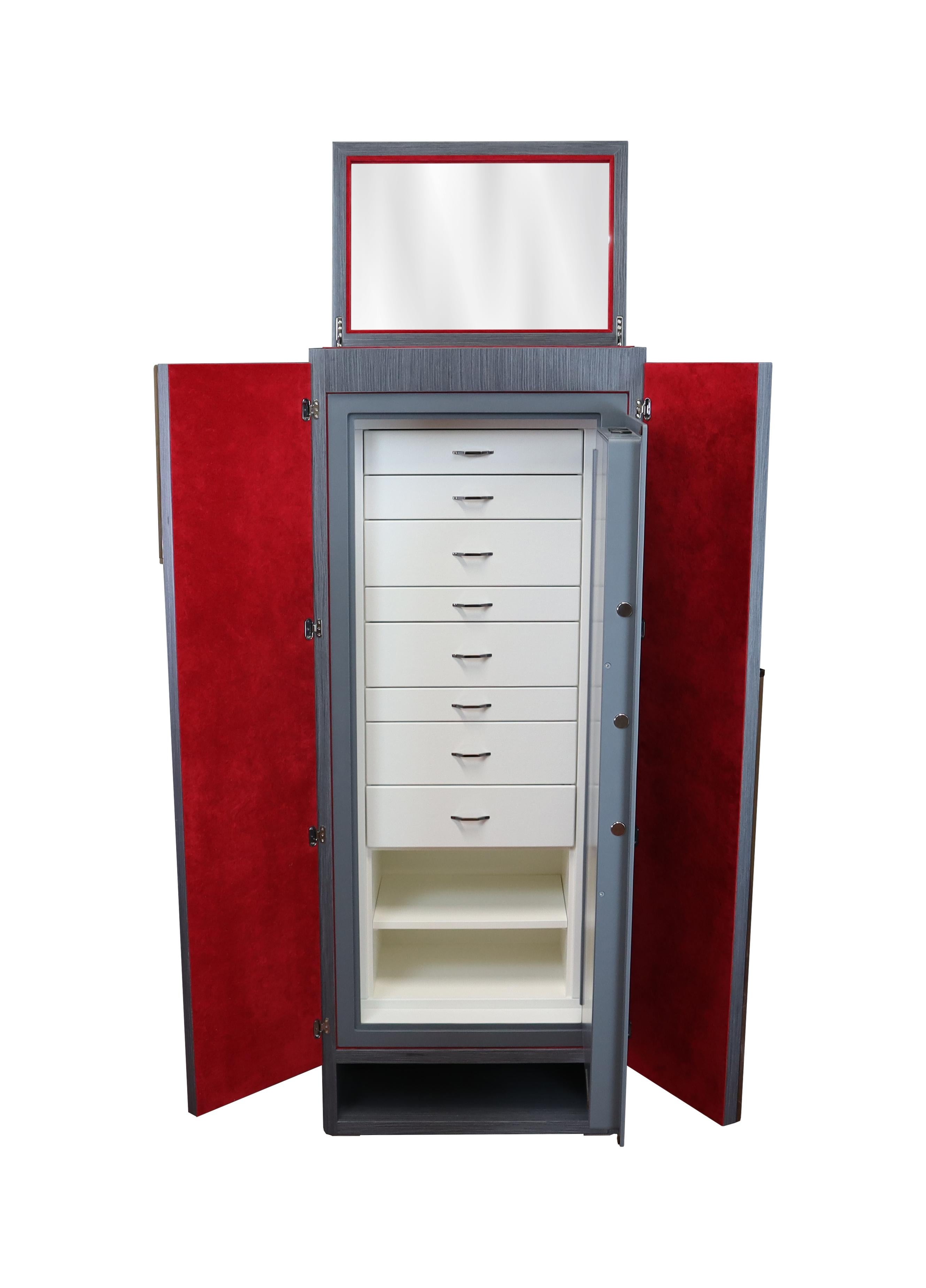 Armored jewelry chest in matte gray oak, ruthenium accessories. Jewelry drawers with fronts covered with white leather, inside lined with red ultrasuede. Interior safe color gray, matte finish.