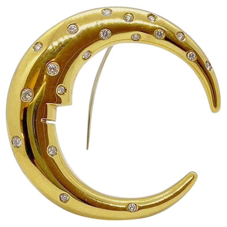 Gioiel Moda 18 Karat Yellow Gold Crescent Moon Brooch with .61 Carat Diamonds For Sale
