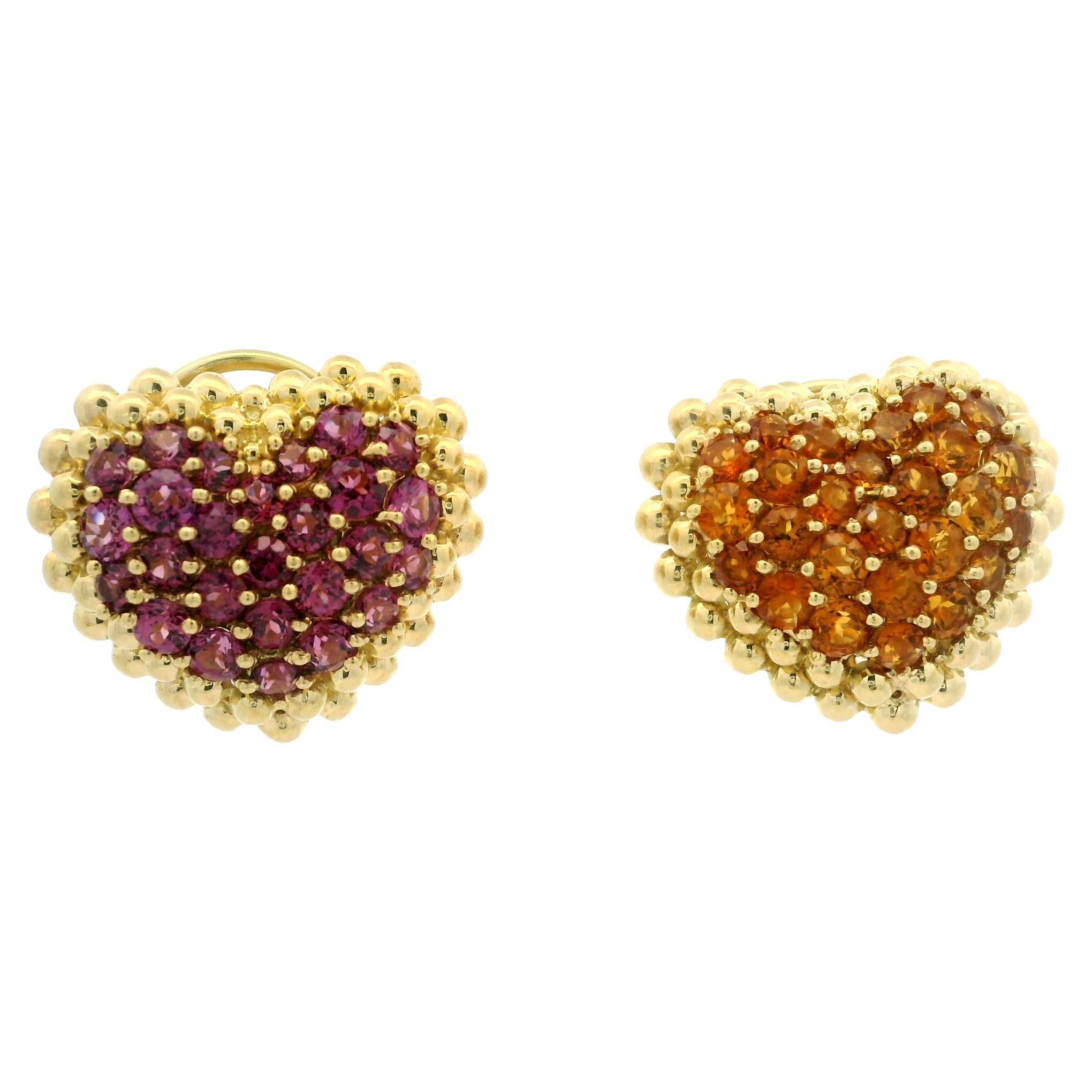 GioielModa Pendientes italianos de oro de 18 quilates con granate rodolita citrino y corazón grande de cuentas