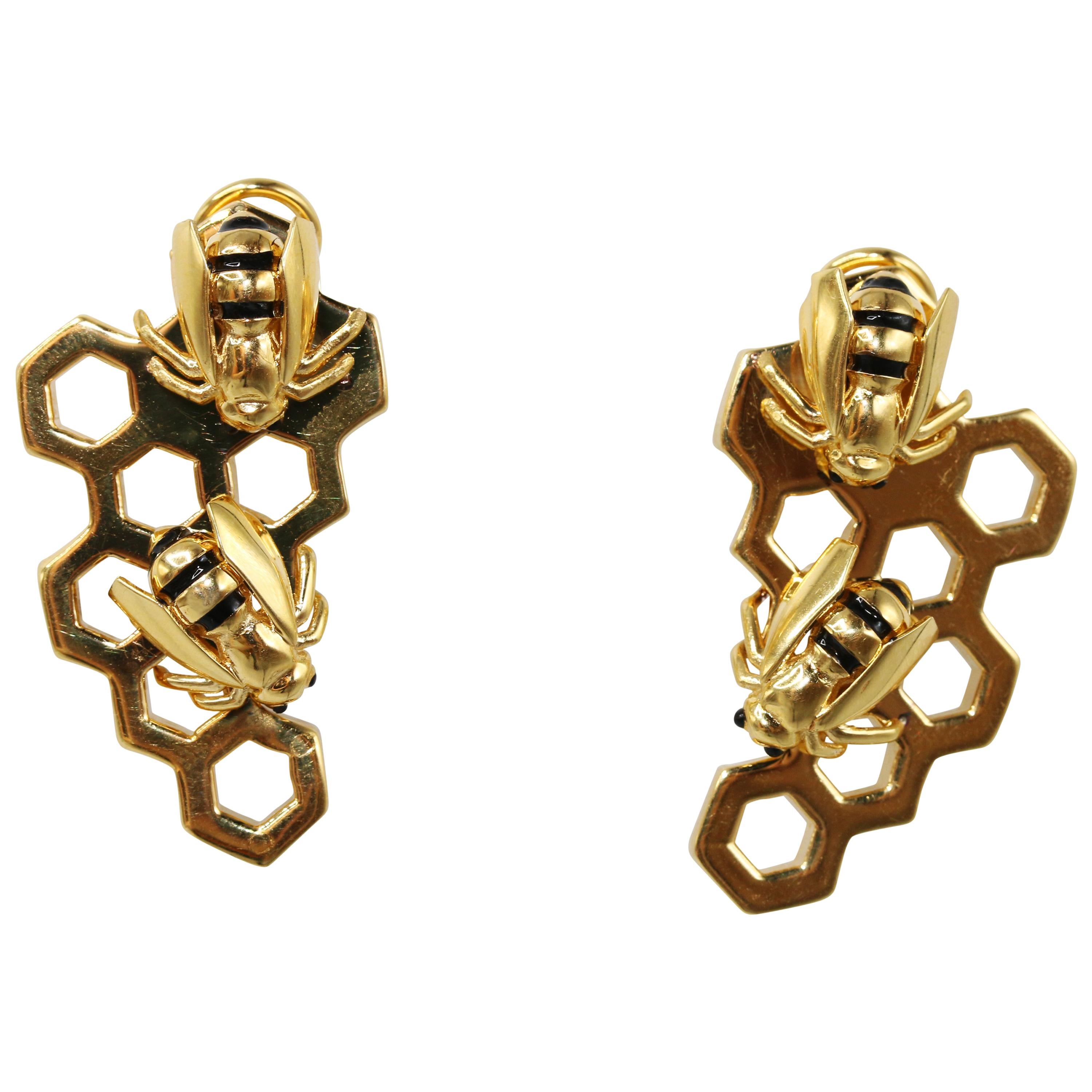 Giordana Castellan Enamel and Gold Honeycomb and Bee Earclips