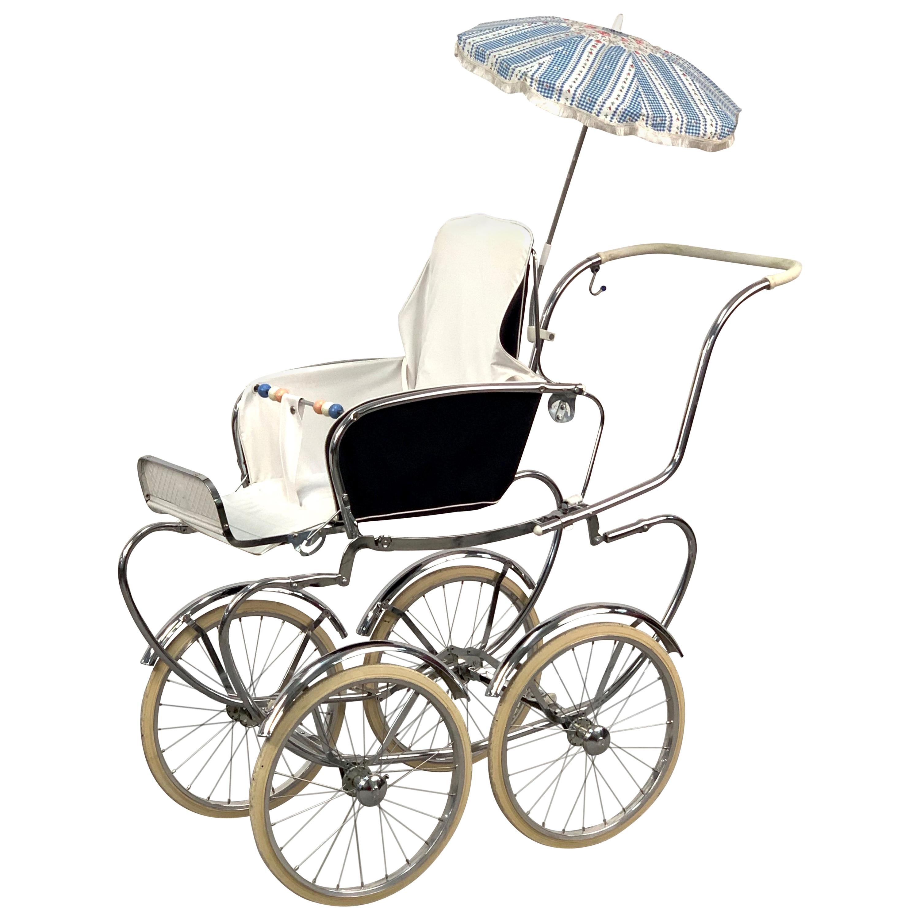 Giordani Midcentury Steel and White Fabric Italian Baby Pram Stroller, 1950s