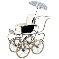 Vintage Giordani Midcentury Steel and White Fabric Italian Baby Pram Stroller, 1950s