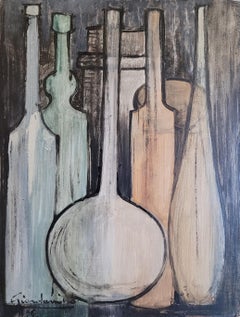 Still-Life of Bottles, Oil on Board, Late 20th Century, Signed