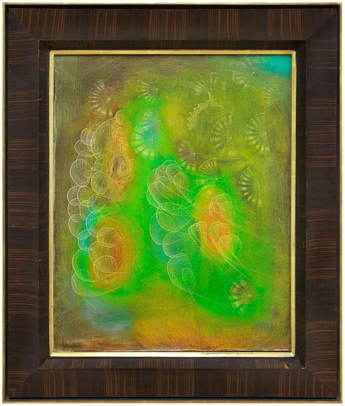 Giordano Falzoni Abstract Painting – Italienisches surrealistisches Gemälde „Schmetterlinge unter dem Meer“, 1962