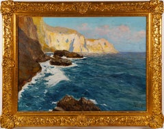 Antico dipinto a olio su tela con cornice di grandi dimensioni, firmato Impressionista italiano, paesaggio marino e costiero