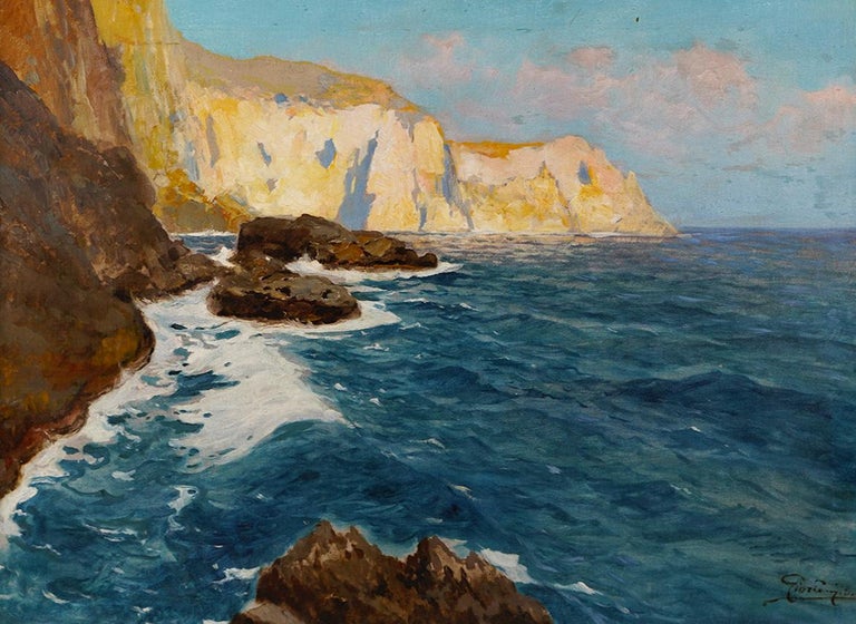 Antique Italian Impressionist Signed Large Framed Seascape Coastal Oil Painting For Sale 1