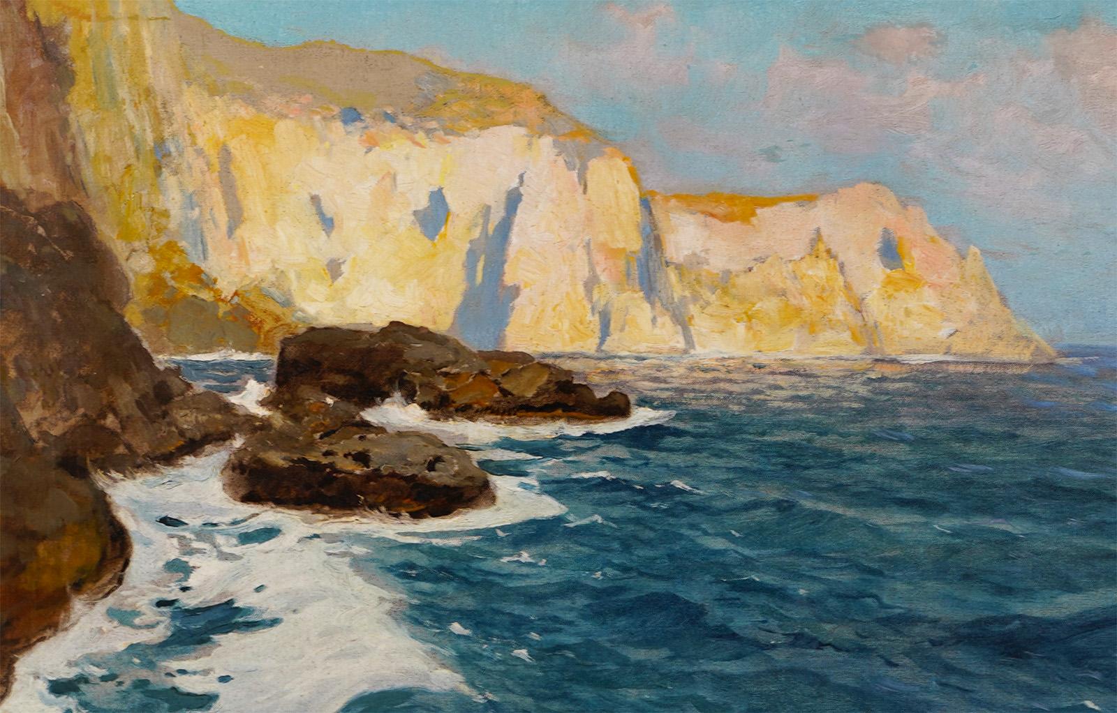 Antique Italian Impressionist Signed Large Framed Seascape Coastal Oil Painting - Brown Landscape Painting by Giordano Felice 