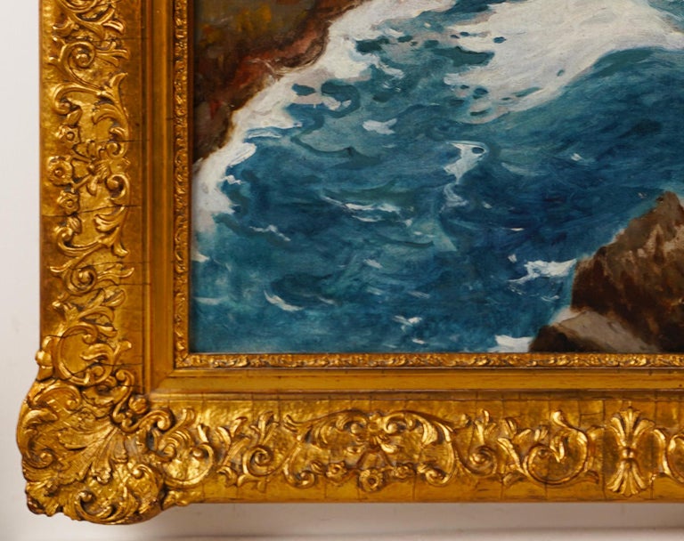 Antique Italian Impressionist Signed Large Framed Seascape Coastal Oil Painting For Sale 3