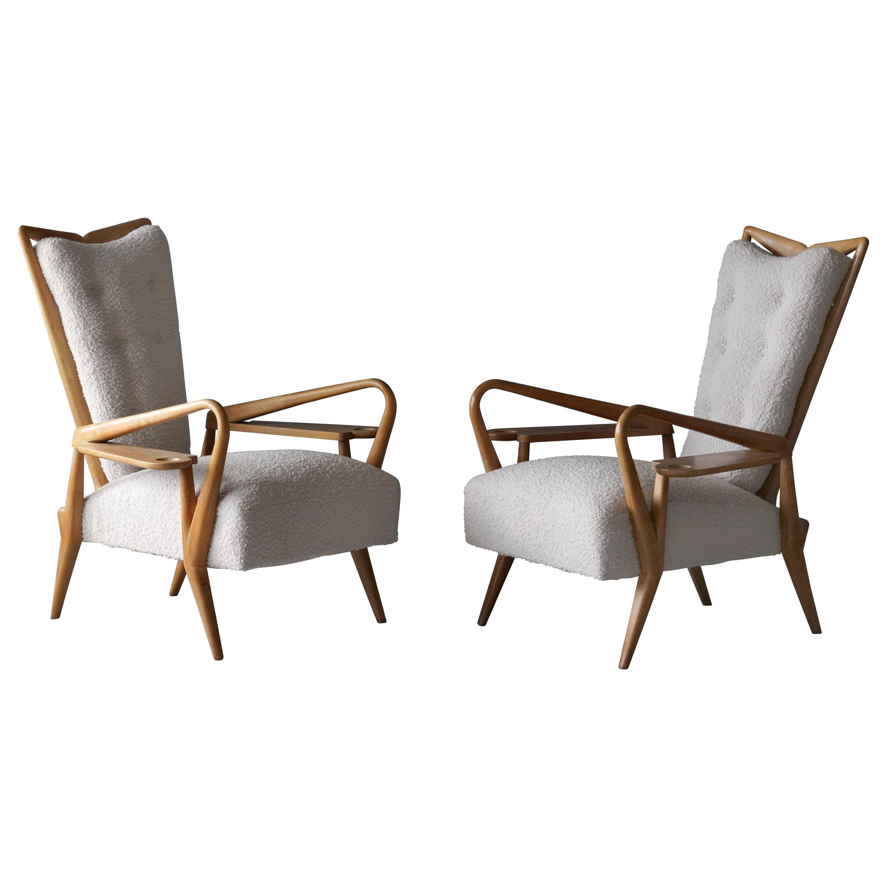 Giordano Forti 'Attribution', Pair of Lounge Chairs, Maple, Bouclé, Italy, 1940s