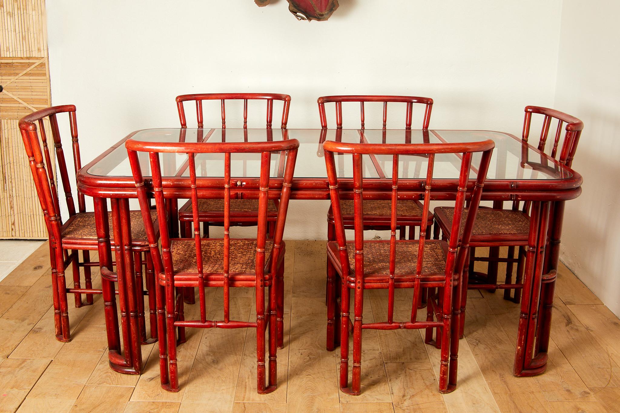 Giorgetti, Esszimmertisch, rot lackiertes Bambusholzimitat, um 1960 im Angebot 6