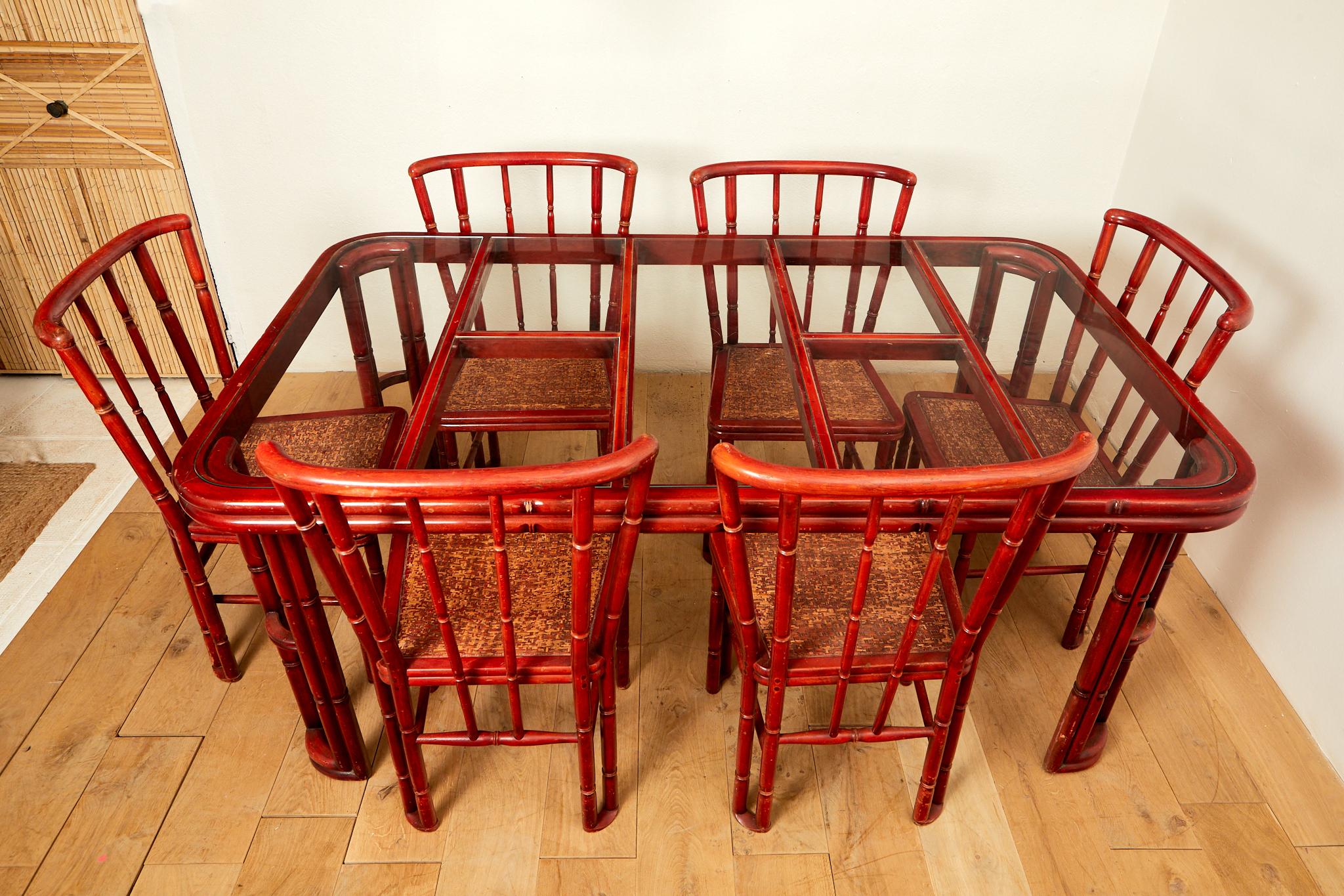 Giorgetti, Esszimmertisch, rot lackiertes Bambusholzimitat, um 1960 im Angebot 7