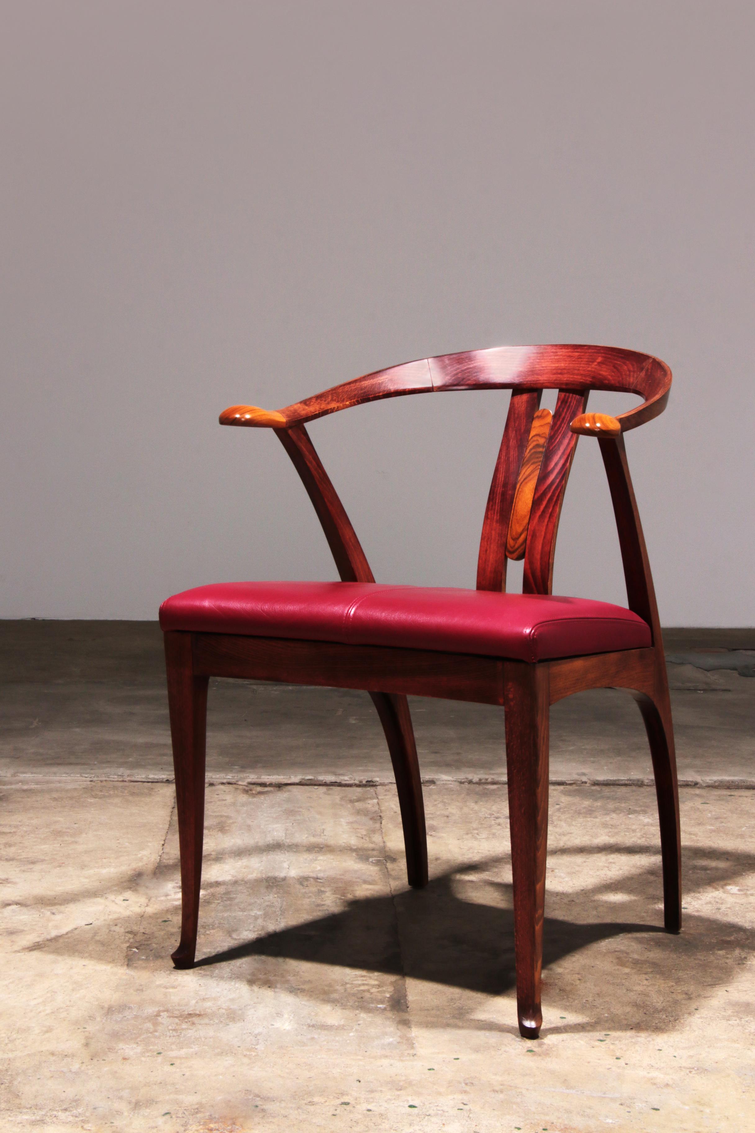 Mid-Century Modern Giorgetti Progetti Wooden Office Chair with Red Leather Seat