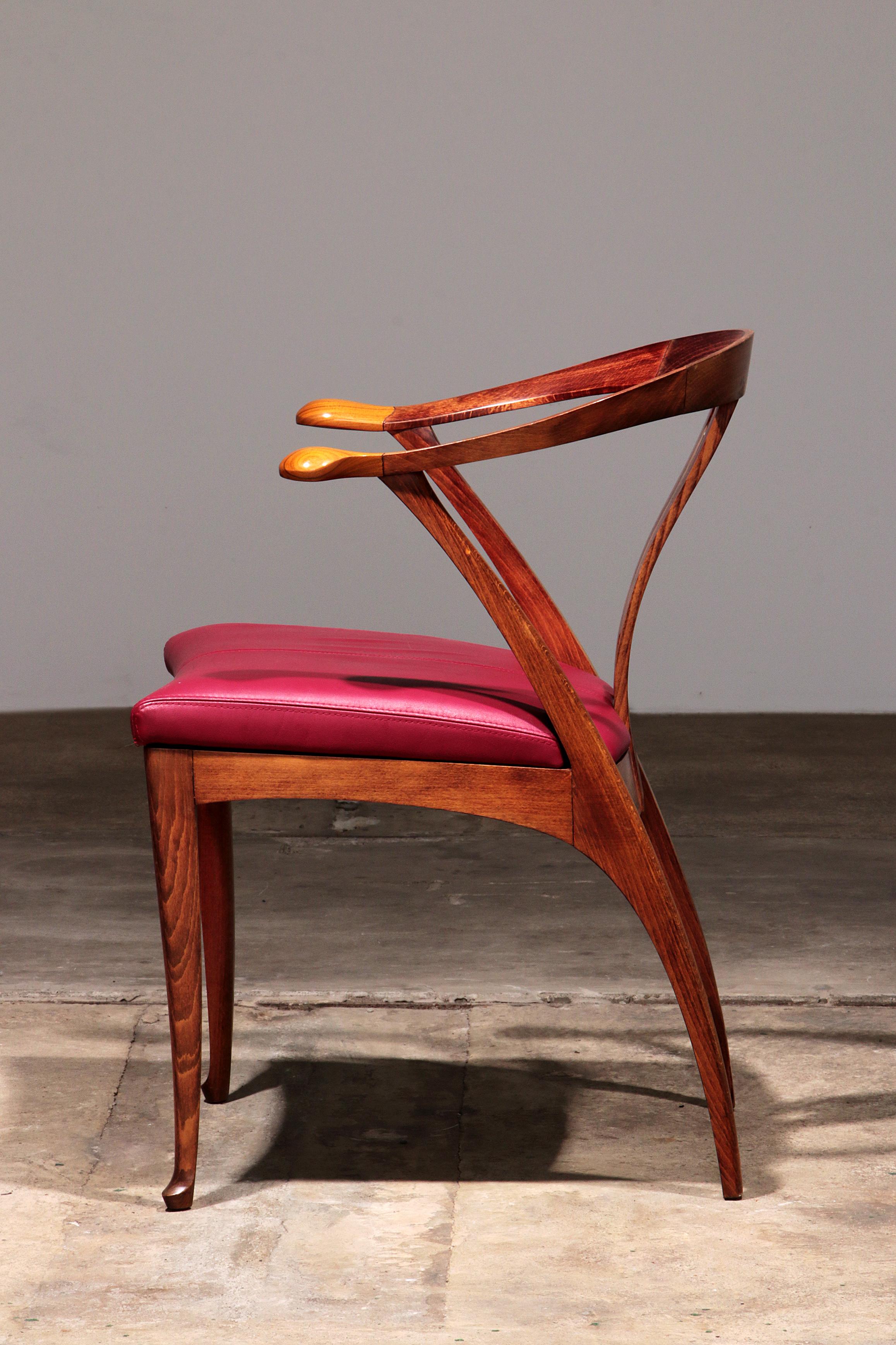 Giorgetti Progetti Wooden Office Chair with Red Leather Seat In Excellent Condition In Oirlo, LI