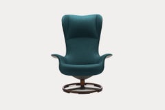 Teal Fabric & Taupe Italian Leather Tilt Swivel Ergonomic Wing Chair, Giorgetti