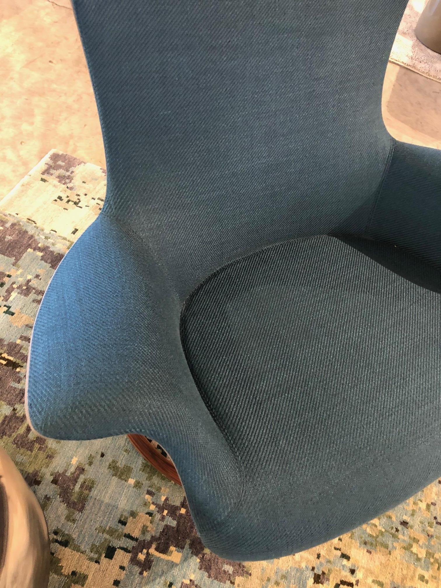 Modern Teal Fabric & Taupe Italian Leather Tilt Swivel Ergonomic Wing Chair, Giorgetti