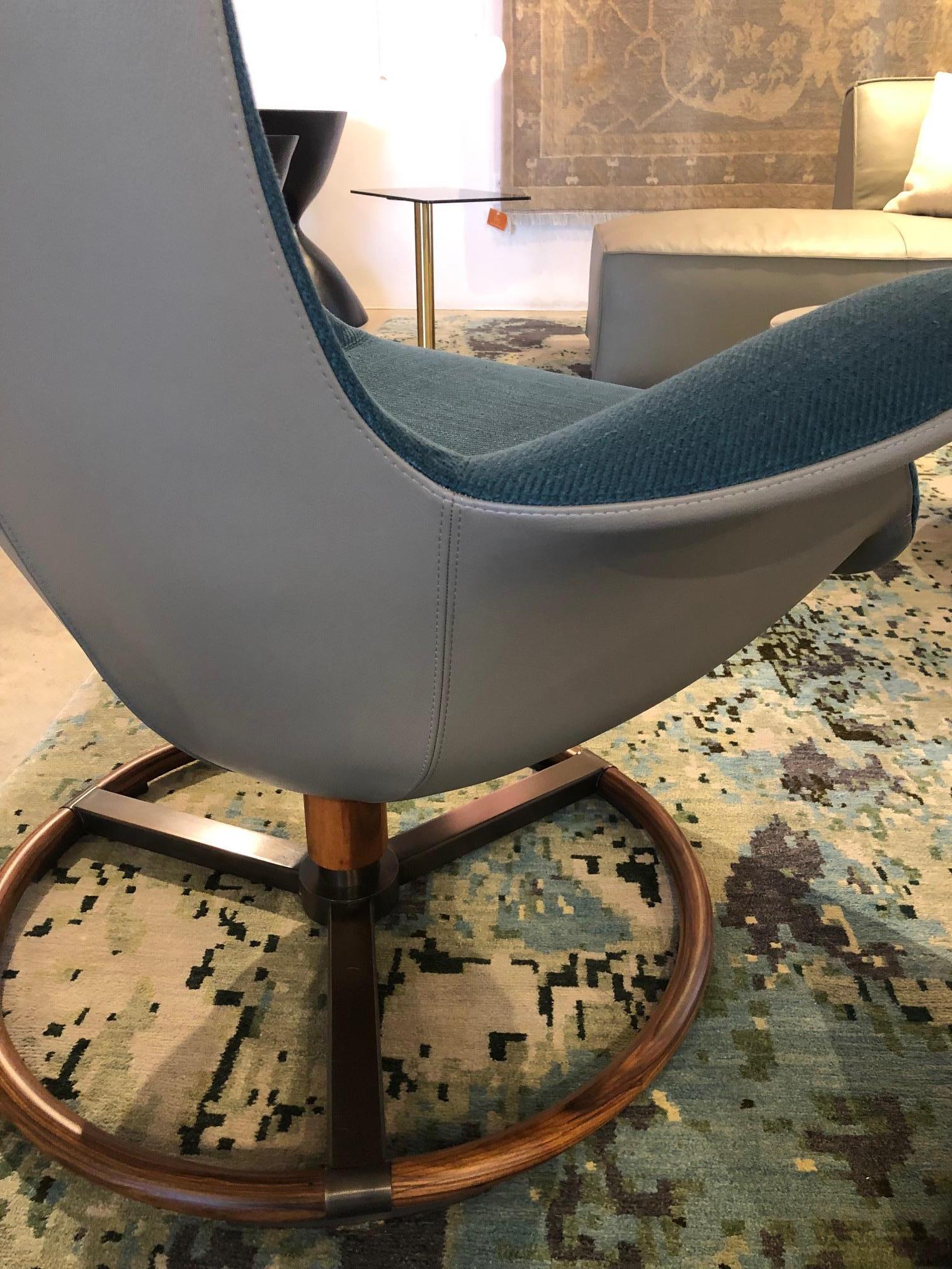 Teal Fabric & Taupe Italian Leather Tilt Swivel Ergonomic Wing Chair, Giorgetti In Excellent Condition In Tulsa, OK
