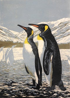 Pinguine: Dreifarbiger Multi-Blocks-Linolschnitt auf cremefarbenem japanischem Kozushi-Jo-Papier