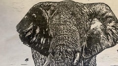 Tembo: Splendida linoleografia raffigurante un elefante, stampata su carta giapponese kozo, gr. 90