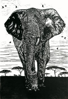 Tembo: Splendida linoleografia raffigurante un elefante, stampata su carta giapponese kozo, gr. 90