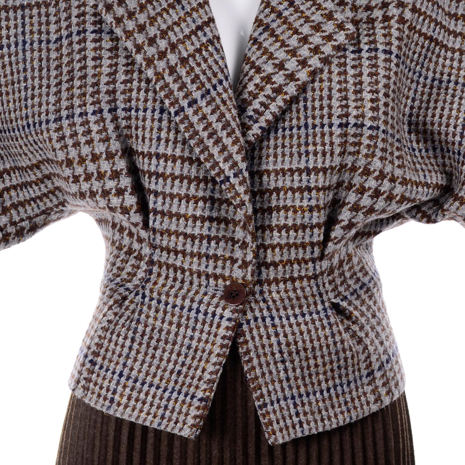Black Giorgio Armani 1980s Cropped Houndstooth Jacket W Pleated Brown Wool Skirt Suit