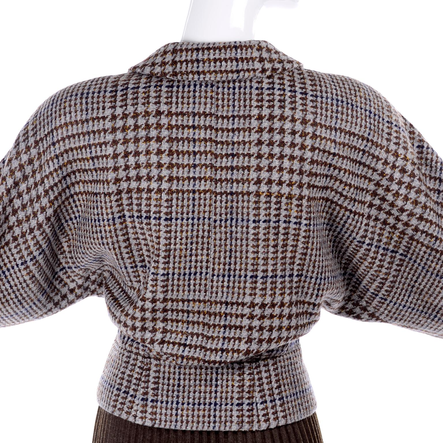 Women's Giorgio Armani 1980s Cropped Houndstooth Jacket W Pleated Brown Wool Skirt Suit