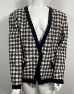Giorgio Armani 1990’s Black and Ivory Tweed and Velvet Checkered Jacket -Size 46