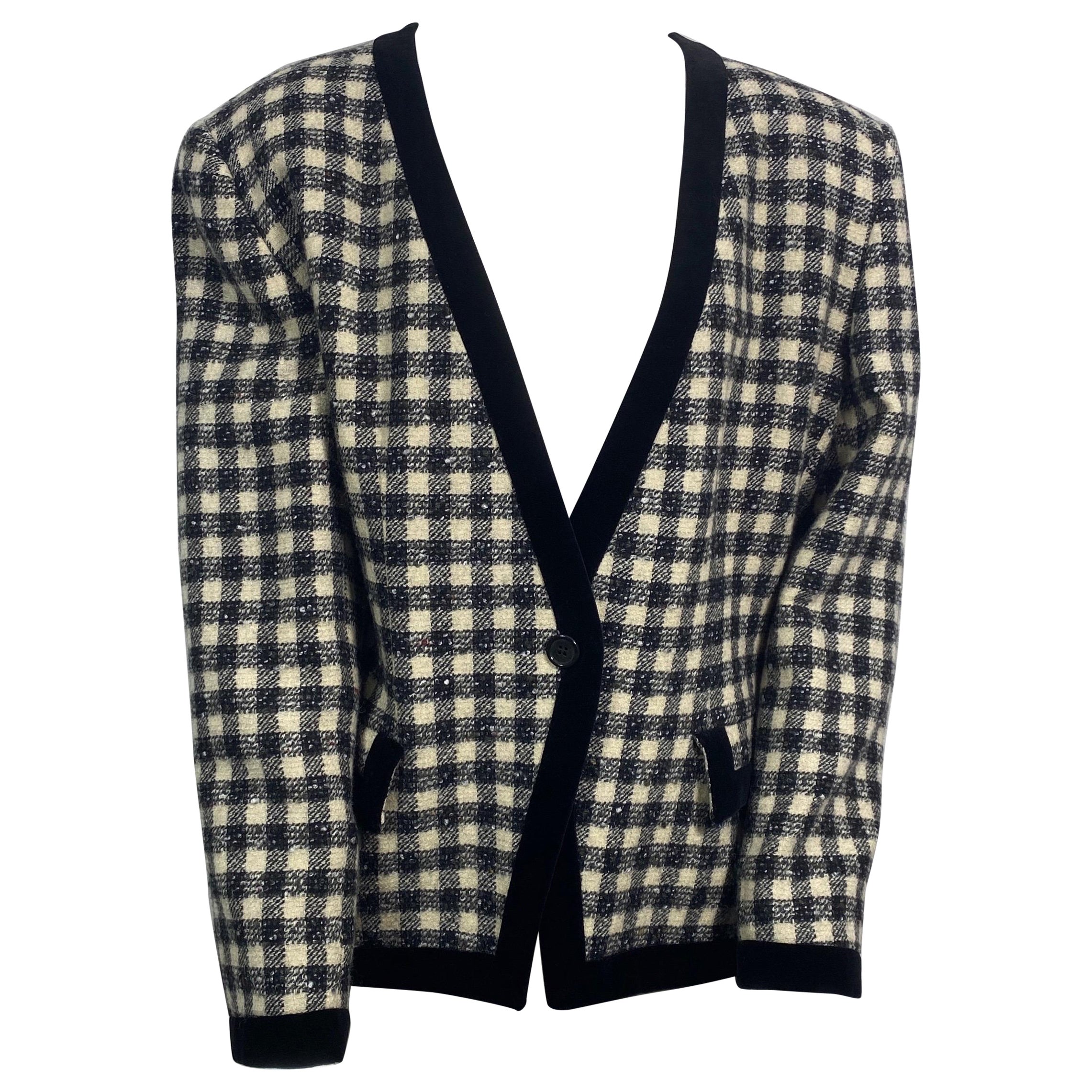 Giorgio Armani 1990 - Giacca a quadri in tweed e velluto nero e avorio - Taglia 46