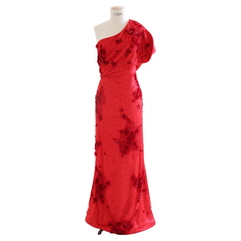 Giorgio Armani 2010 red one shoulder embellished floral silk dress