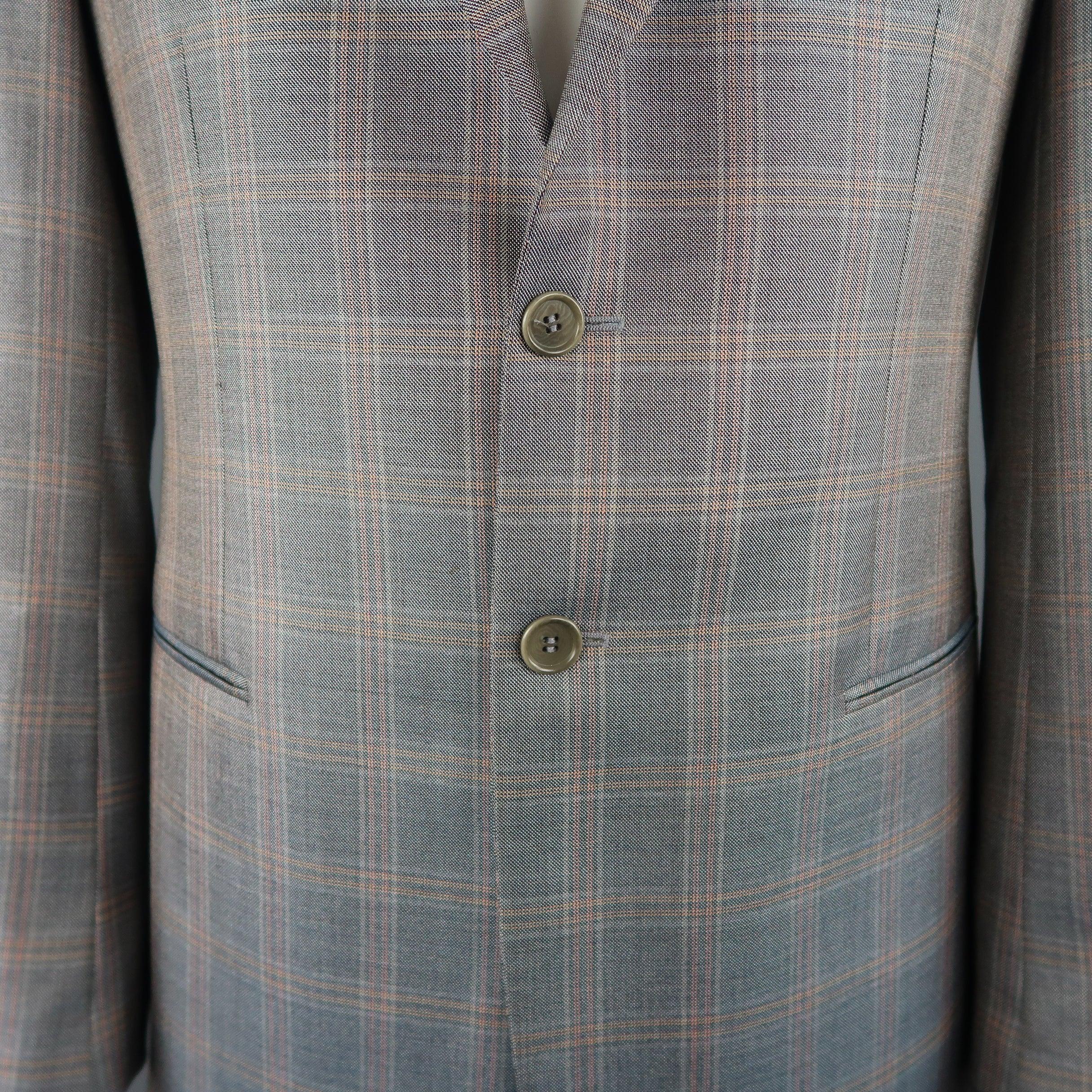 GIORGIO ARMANI 42 Long Grey & Orange Window Pane Wool / Silk Sport Coat In Excellent Condition For Sale In San Francisco, CA