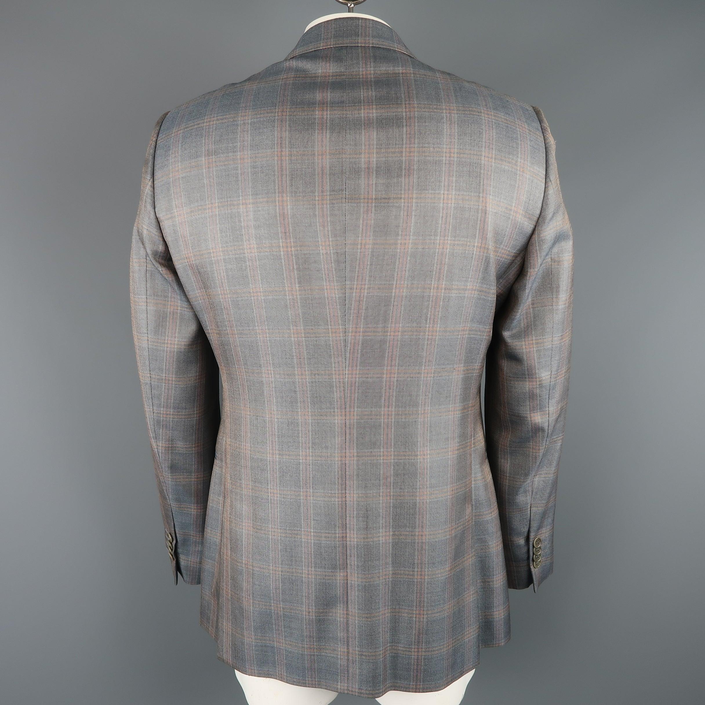 Men's GIORGIO ARMANI 42 Long Grey & Orange Window Pane Wool / Silk Sport Coat For Sale