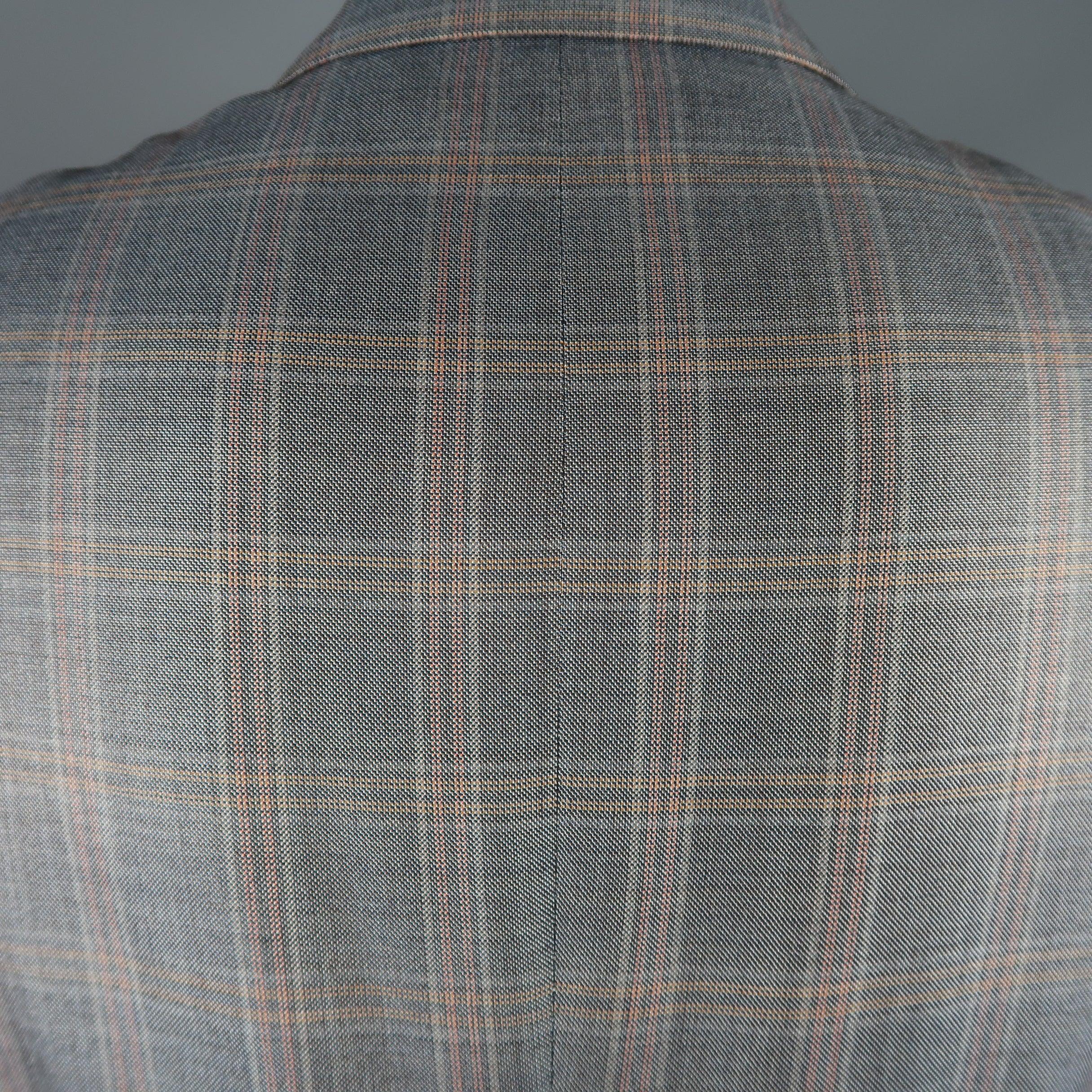 GIORGIO ARMANI 42 Long Grey & Orange Window Pane Wool / Silk Sport Coat For Sale 1
