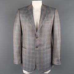 GIORGIO ARMANI 42 Long Grey & Orange Window Pane Wool / Silk Sport Coat