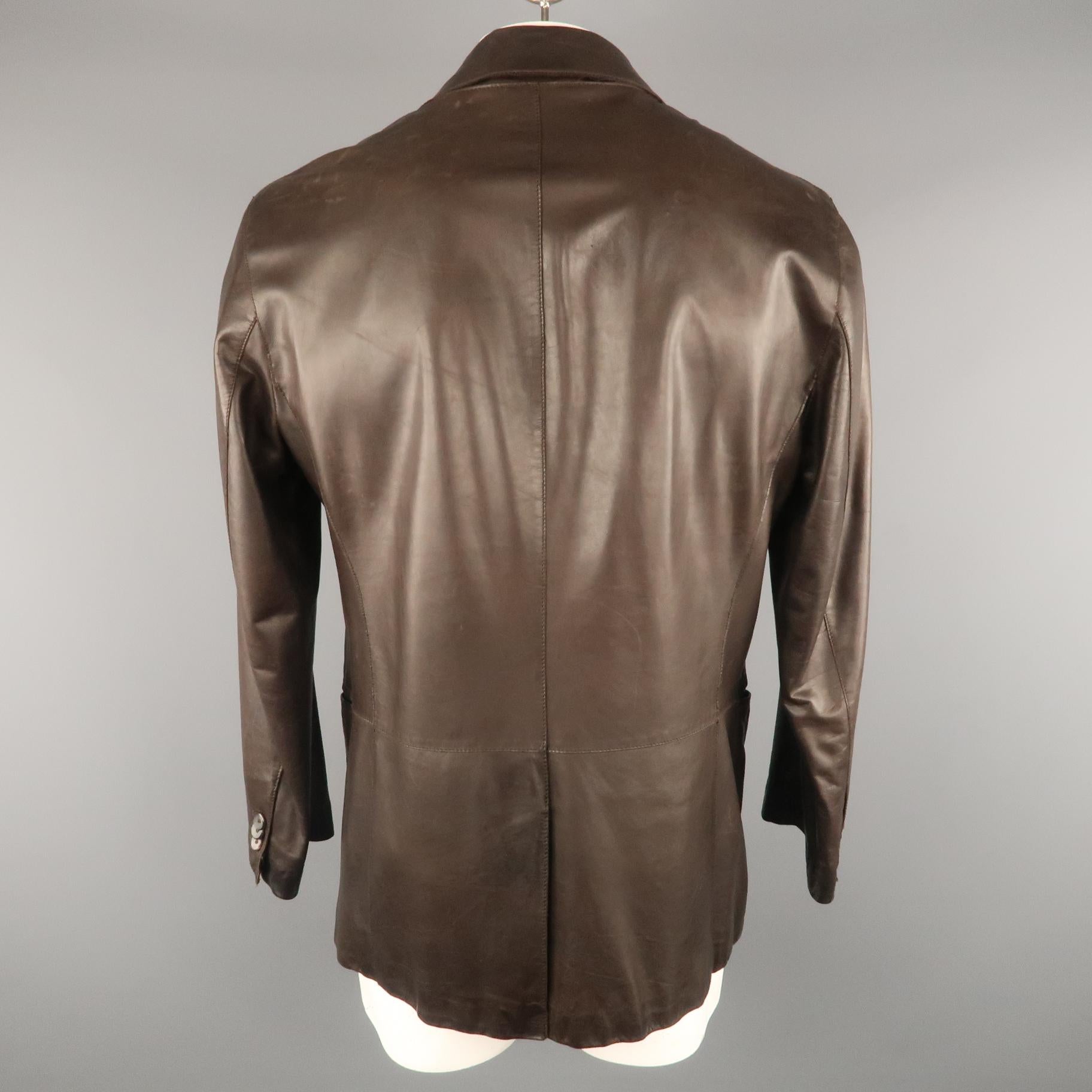 Black GIORGIO ARMANI 44 Brown Leather Notch Lapel Coat