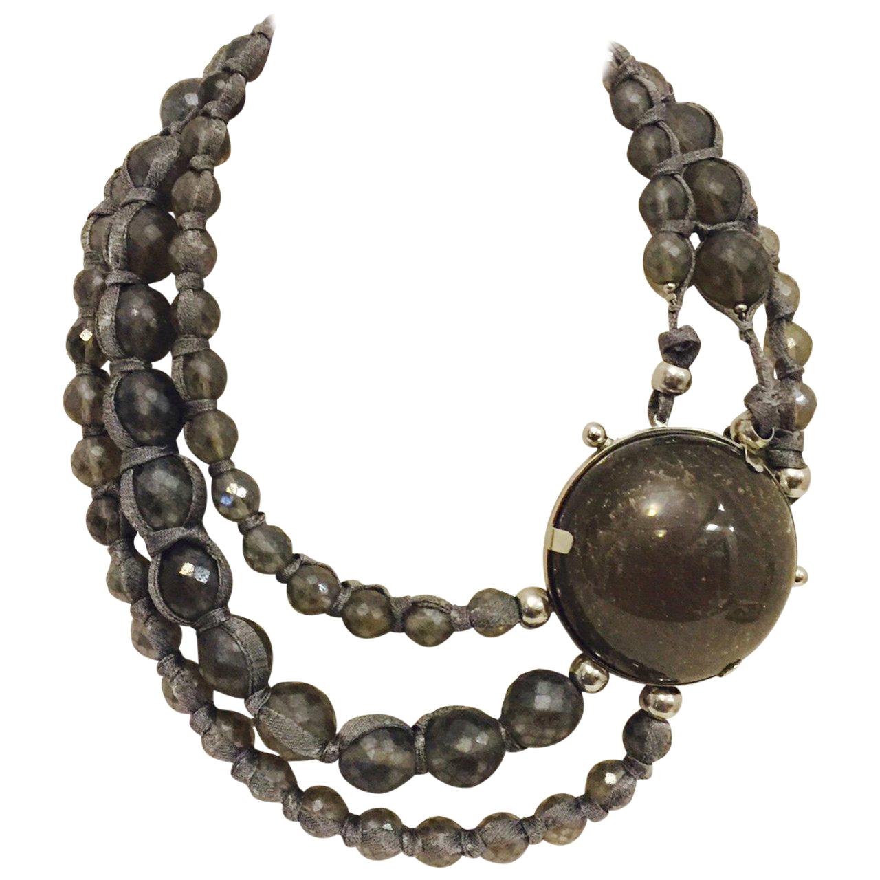 Giorgio Armani Assertive Grey Faceted Quartz Three Strand Necklace