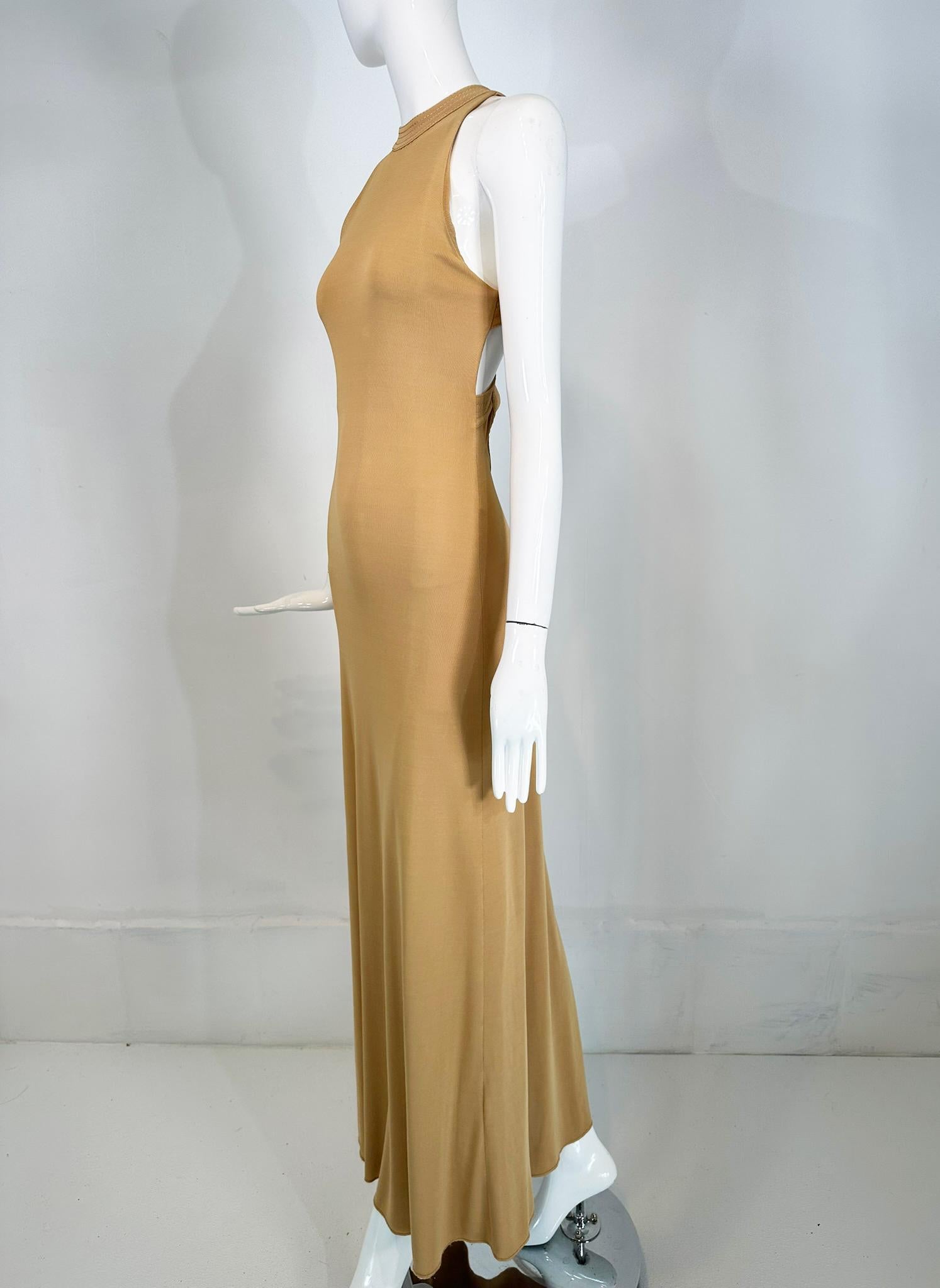 Giorgio Armani Beige Jersey Halter Neck Strap Back Evening Dress  In Good Condition For Sale In West Palm Beach, FL
