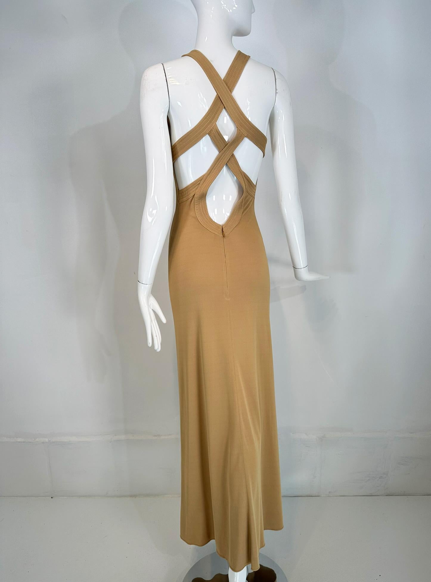 Giorgio Armani Beige Jersey Halter Neck Strap Back Evening Dress  For Sale 1