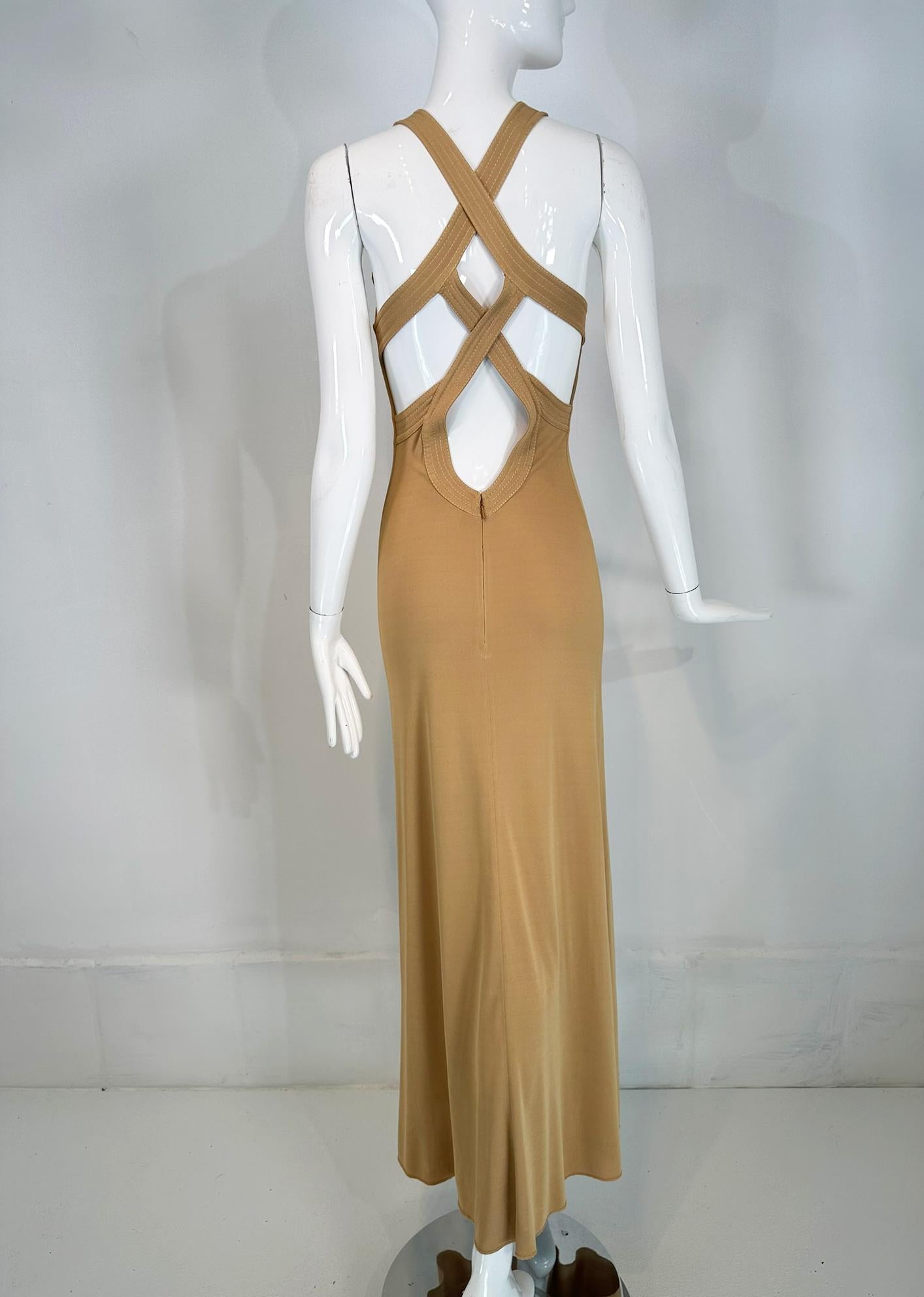 Giorgio Armani Beige Jersey Halter Neck Strap Back Evening Dress  For Sale 2