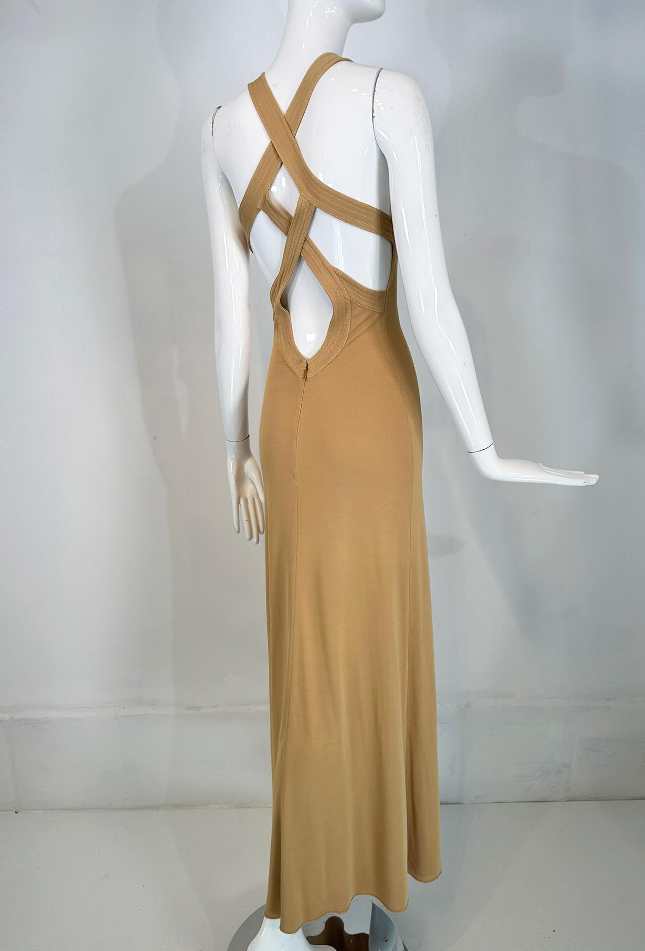 Giorgio Armani Beige Jersey Halter Neck Strap Back Evening Dress  For Sale 3