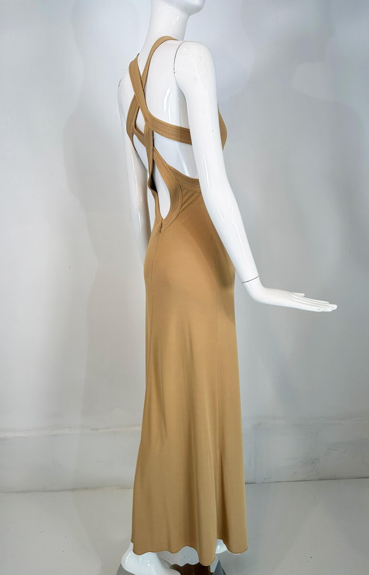 Giorgio Armani Beige Jersey Halter Neck Strap Back Evening Dress  For Sale 4