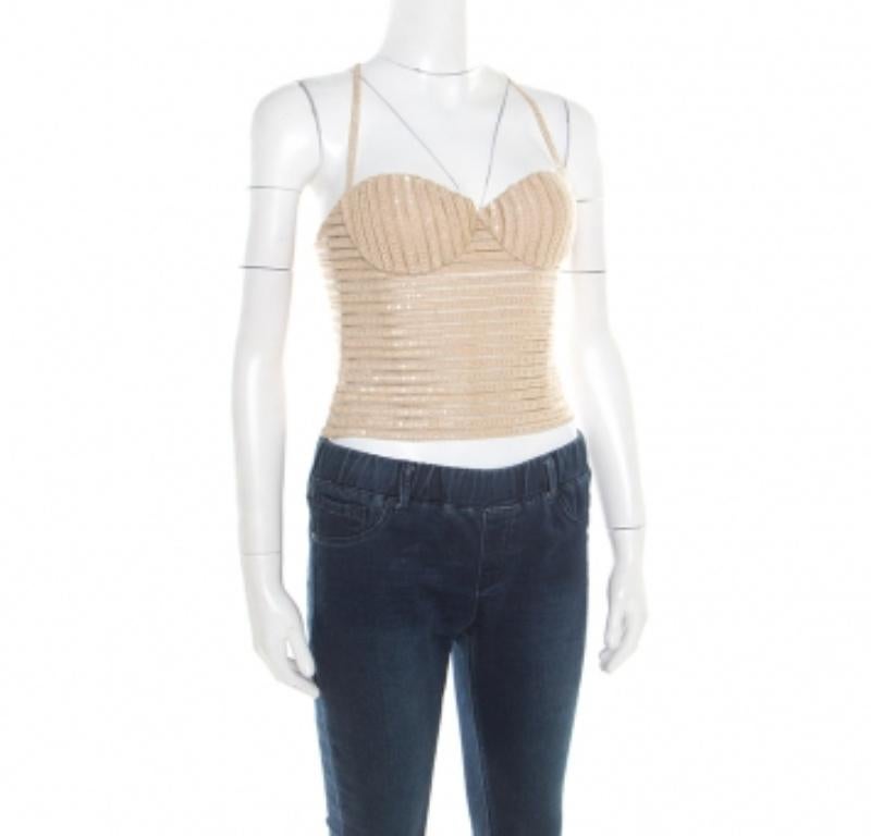 Giorgio Armani Beigefarbenes, paillettenbesetztes Bustier-Top XS im Zustand „Gut“ im Angebot in Dubai, Al Qouz 2